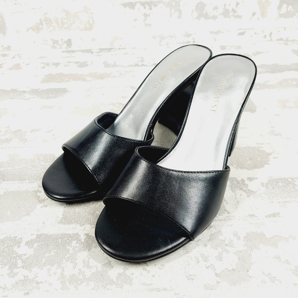 New Nine West Unah 3 Black Faux Leather Slide In Heels V245 - Picture 2 of 12